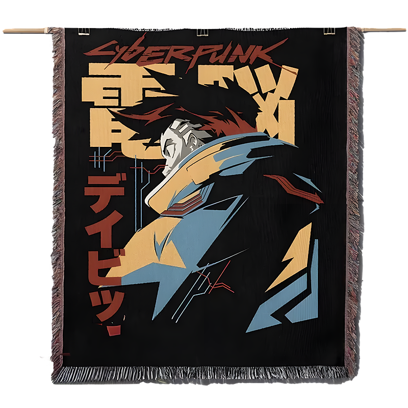 Blanket with a stylized character and text, featuring a cyberpunk theme.
