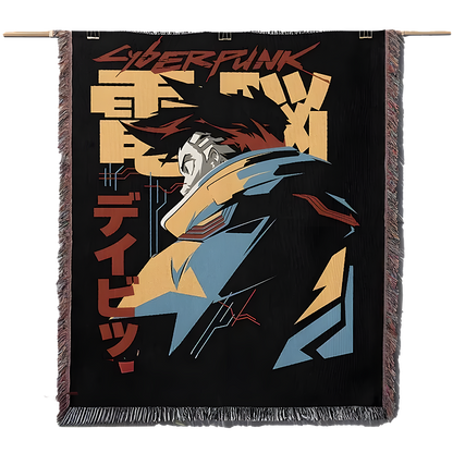Blanket with a stylized character and text, featuring a cyberpunk theme.